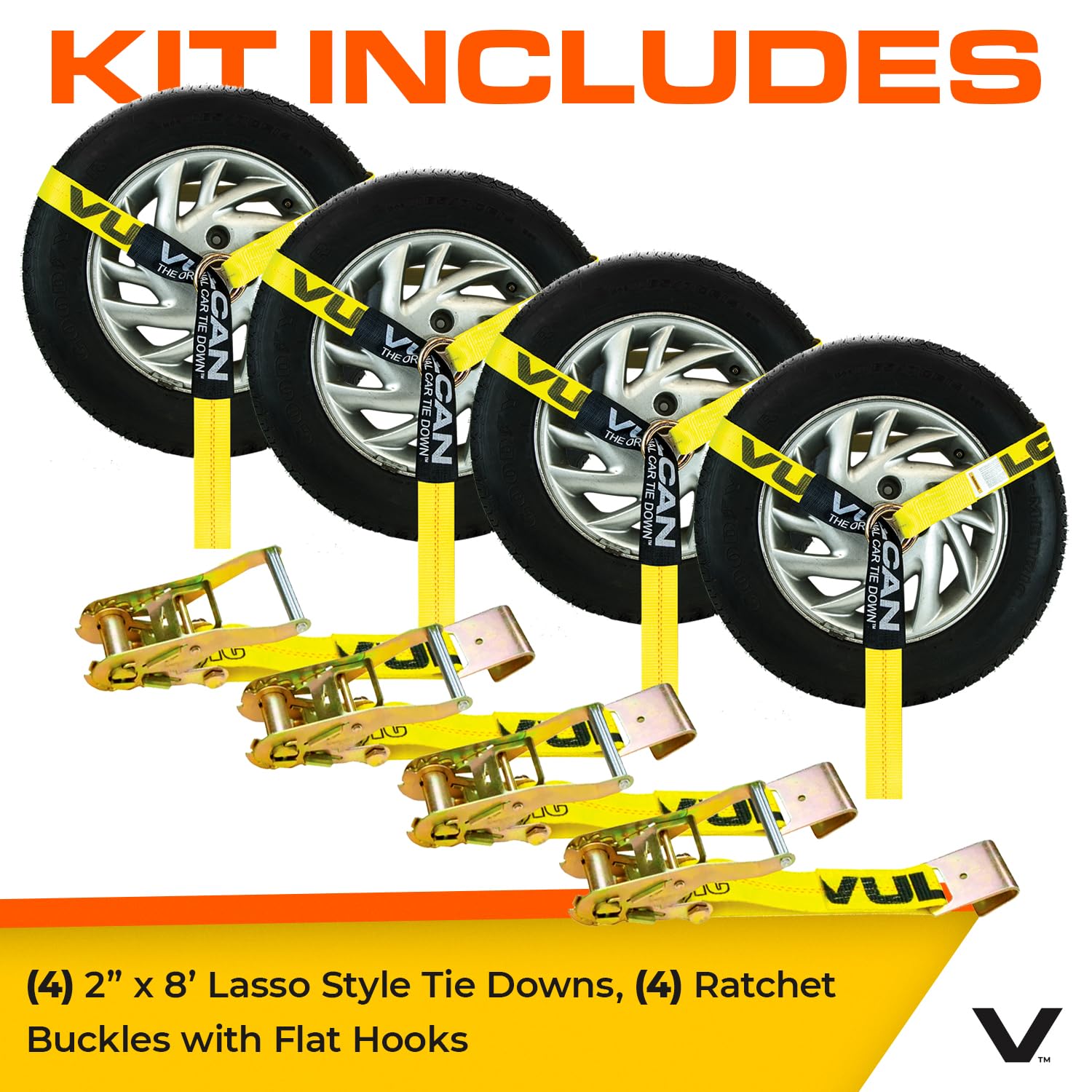 VULCAN Car Tie Down with Flat Hooks - Lasso Style - 2 Inch x 96 Inch - 4 Pack - Classic Yellow - 3,300 Pound Safe Working Load - Image 3
