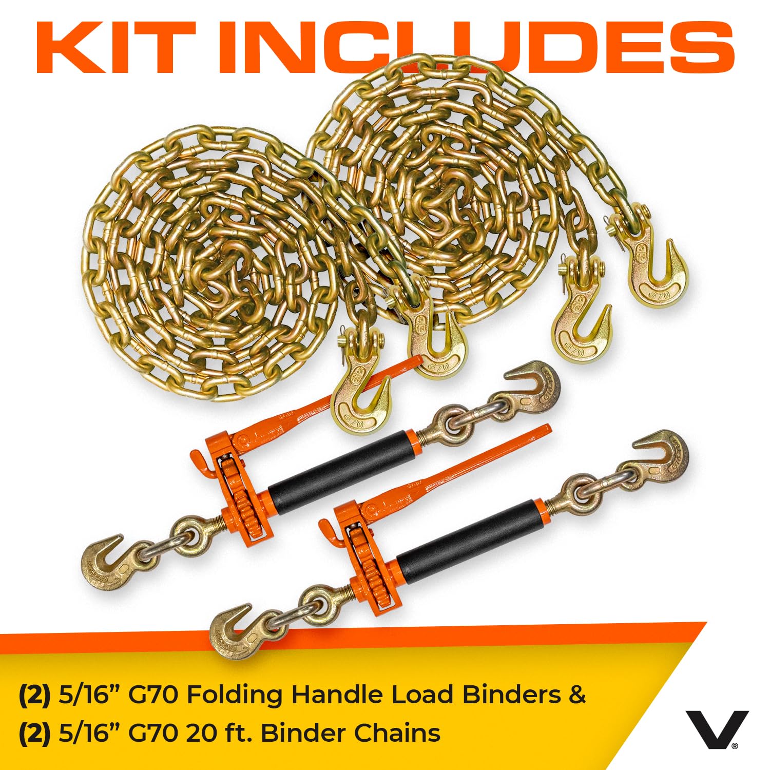 VULCAN Chain and Load Binder Kit - (2) Grade 70 5/16 Inch x 20 Foot Chains and (2) Folding Handle Load Binders - 4,700 Pound Safe Working Load - Image 7