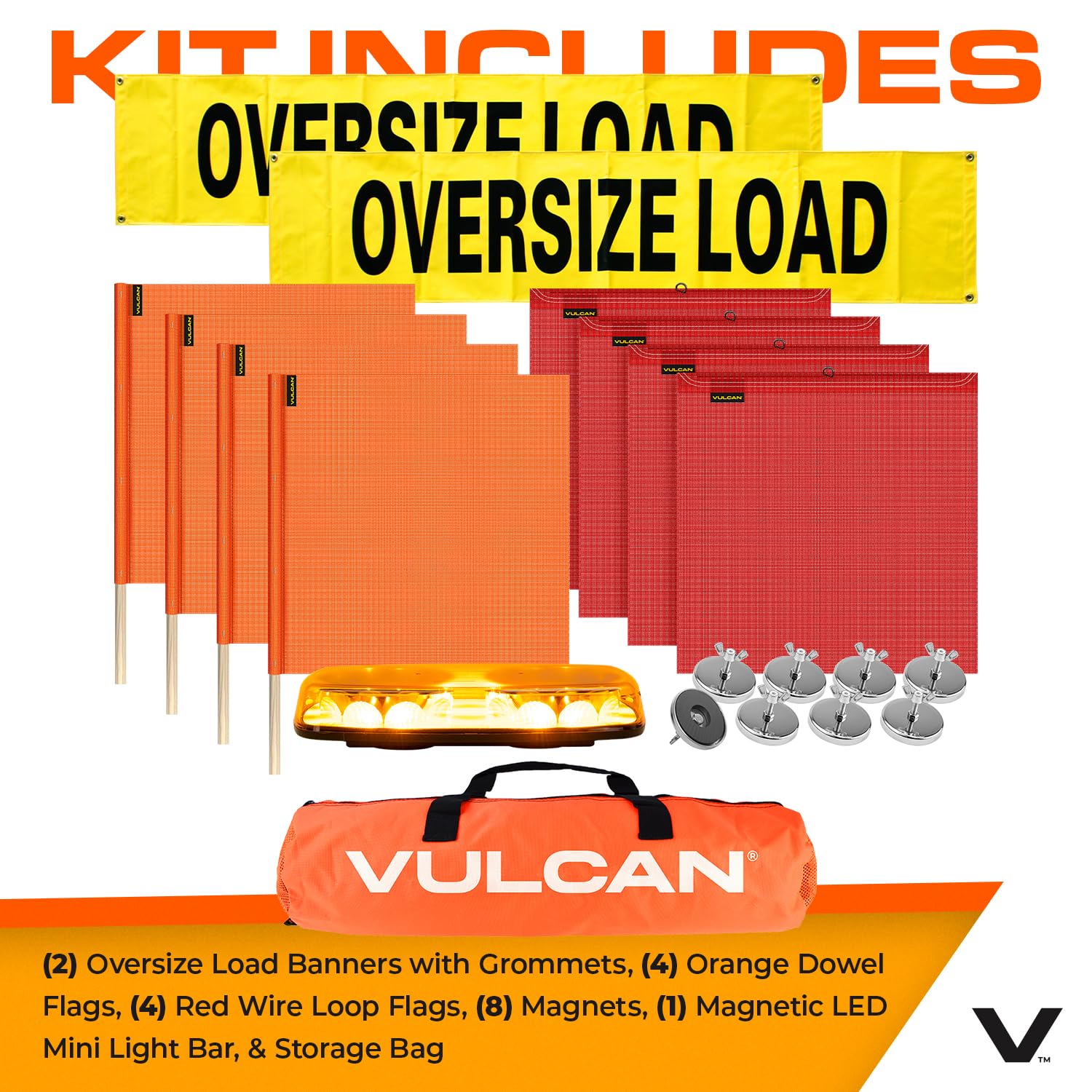 VULCAN Pilot Car Kit - Includes 2 Solid Oversized Load Banners, 1 Magnetic Amber LED Mini Light Bar, 8 Magnets, 4 Red Flags, and 4 Orange Flags - Image 5