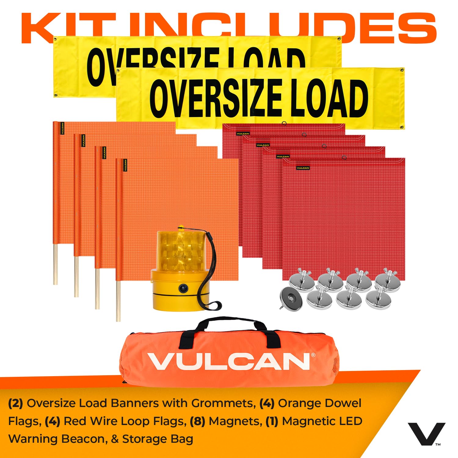 VULCAN Pilot Car Kit - Includes 2 Solid Oversized Load Banners, 1 Amber LED Emergency Warning Beacon, 8 Magnets, 4 Red Flags, and 4 Orange Flags - Image 5