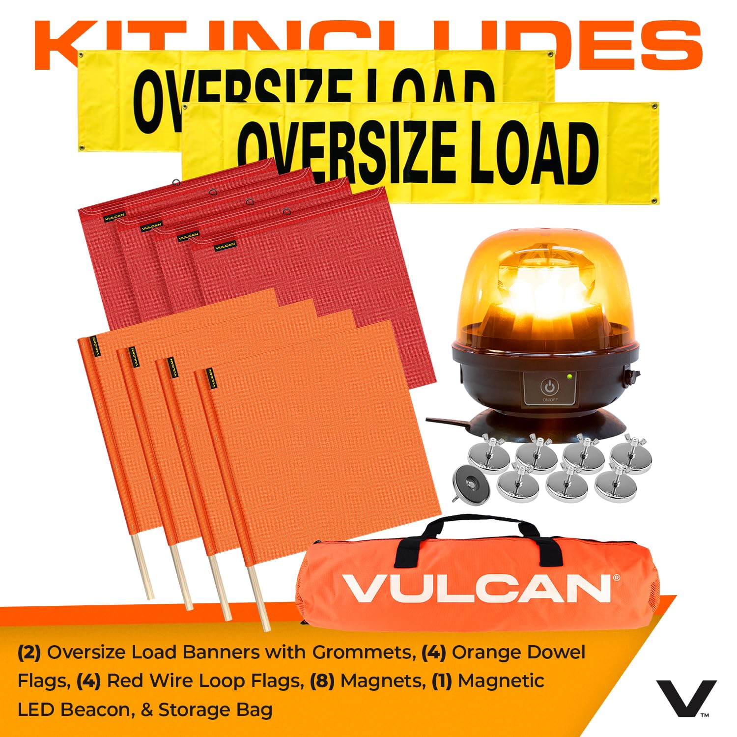 VULCAN Pilot Car Kit - Includes 2 Solid Oversized Load Banners, 1 Magnetic Amber Remote-Control LED Beacon, 8 Magnets, 4 Red Flags, and 4 Orange Flags - Image 5